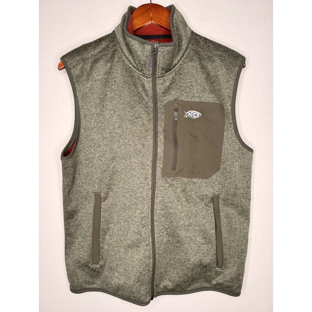 AFTCO AFTECH Mens Full Zip Fleece Vest Heathered Olive Green Fishing Outdoor
